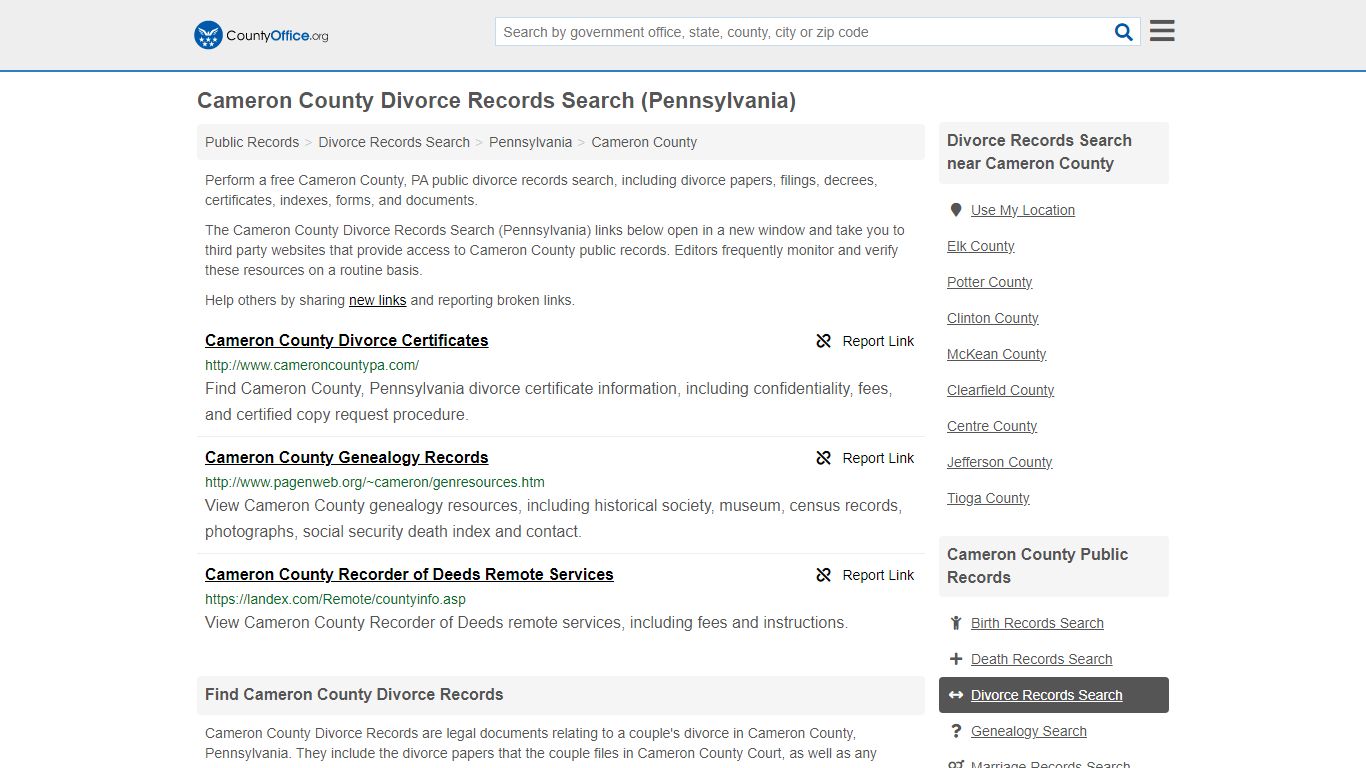 Cameron County Divorce Records Search (Pennsylvania) - County Office